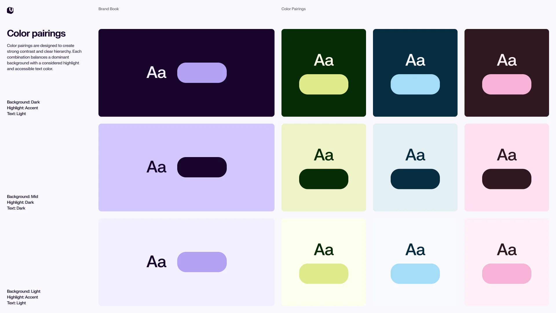 Uscreen brand book page showing color pairings