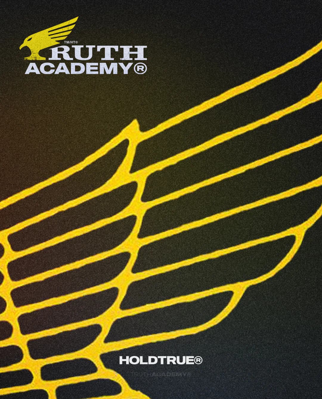 Ruth Academy poster with a yellow wing graphic on textured black