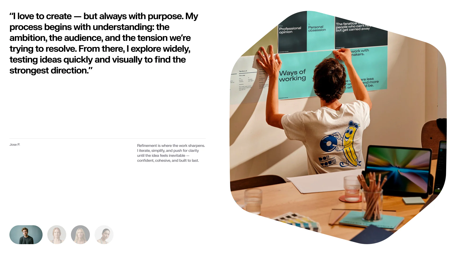 Creative process editorial layout with a designer working at a wall
