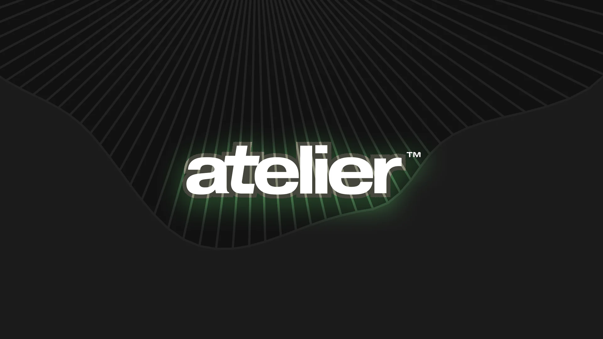 White Atelier wordmark over a dark architectural line pattern