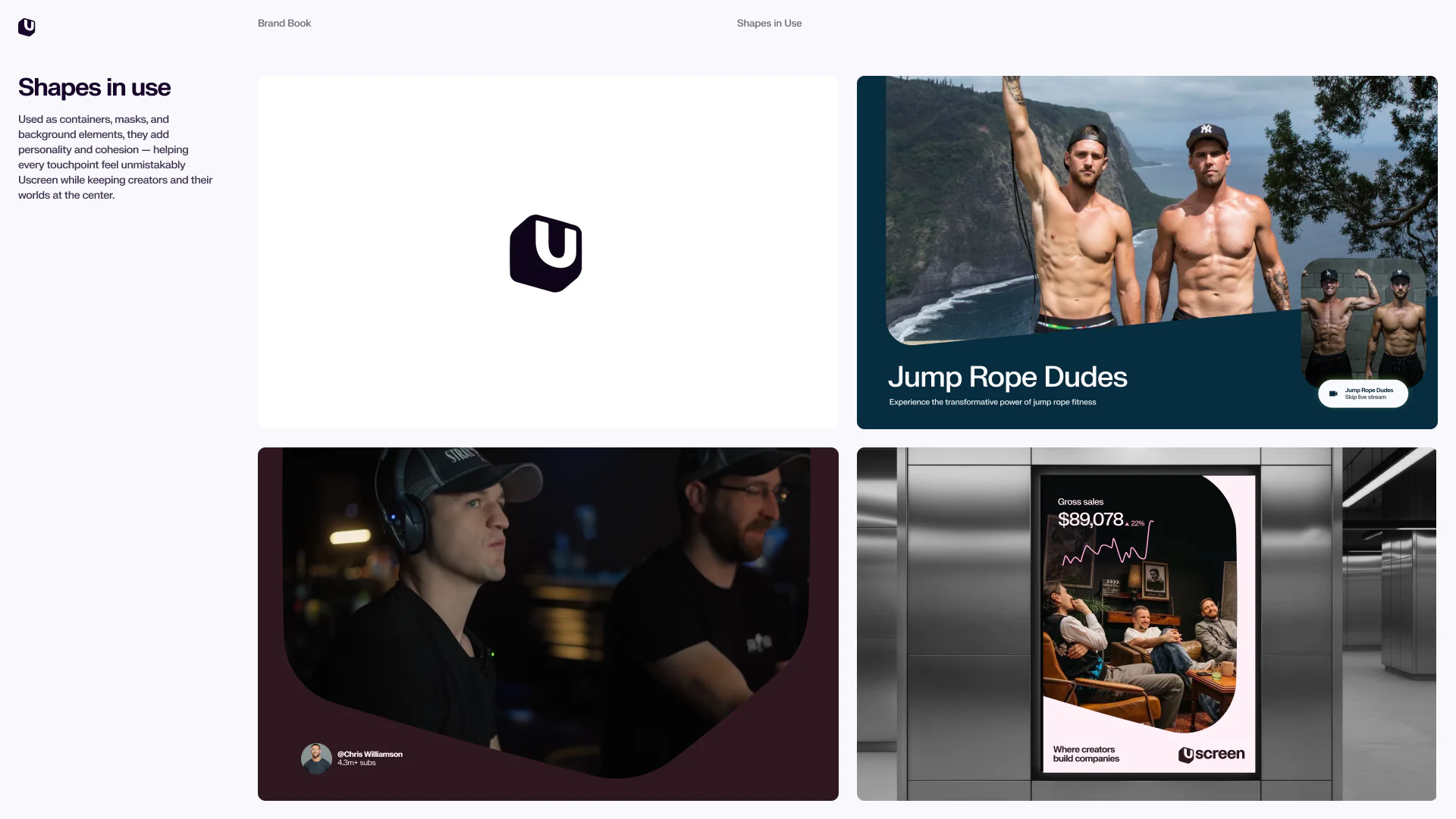 Uscreen brand book page showing shapes in use with creator imagery