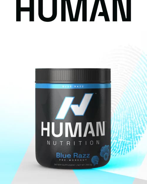 Human Nutrition Blue Razz supplement product graphic