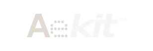 Pixelated white Atelier wordmark on black