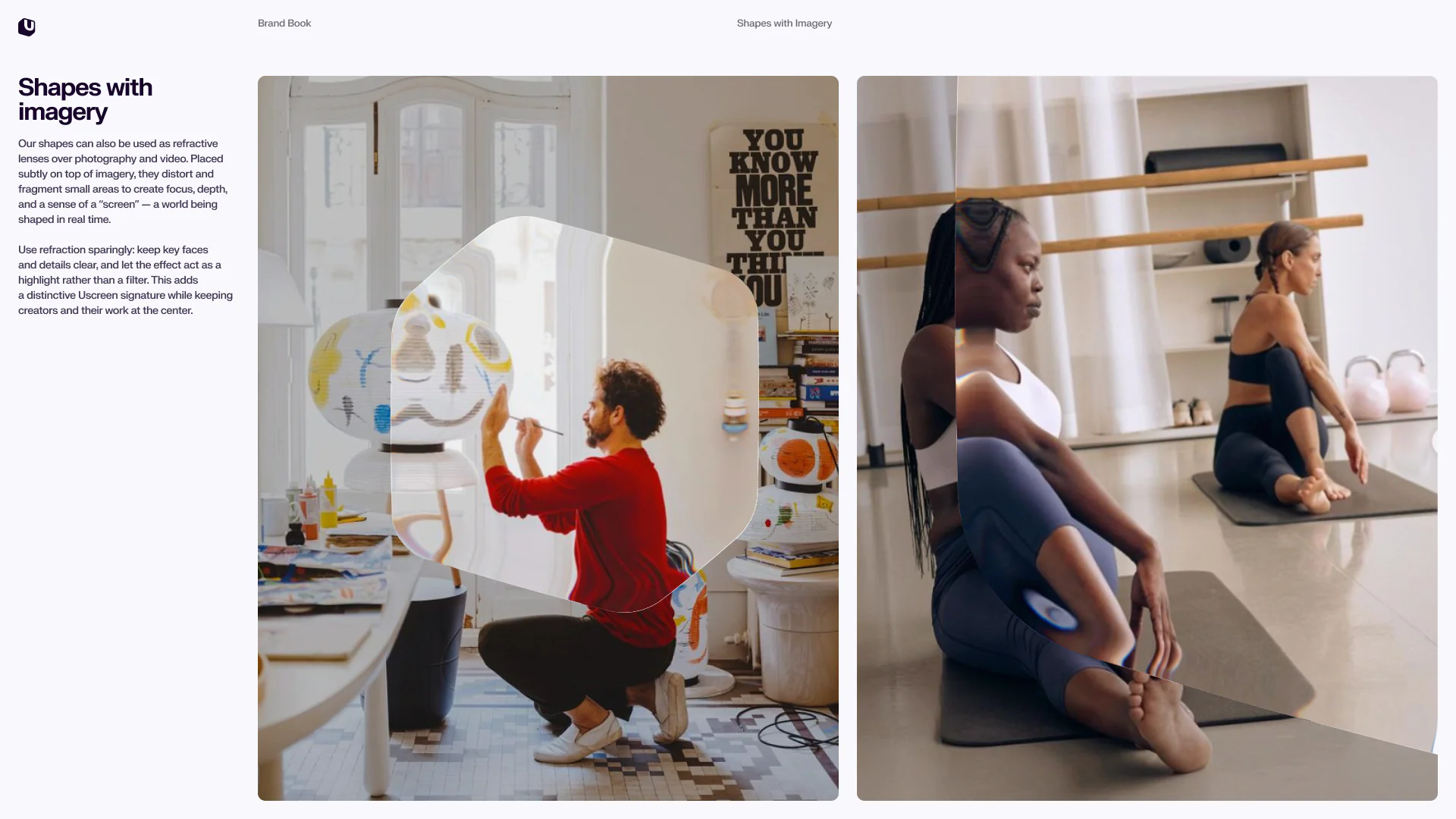 Uscreen brand guide showing shapes with photography