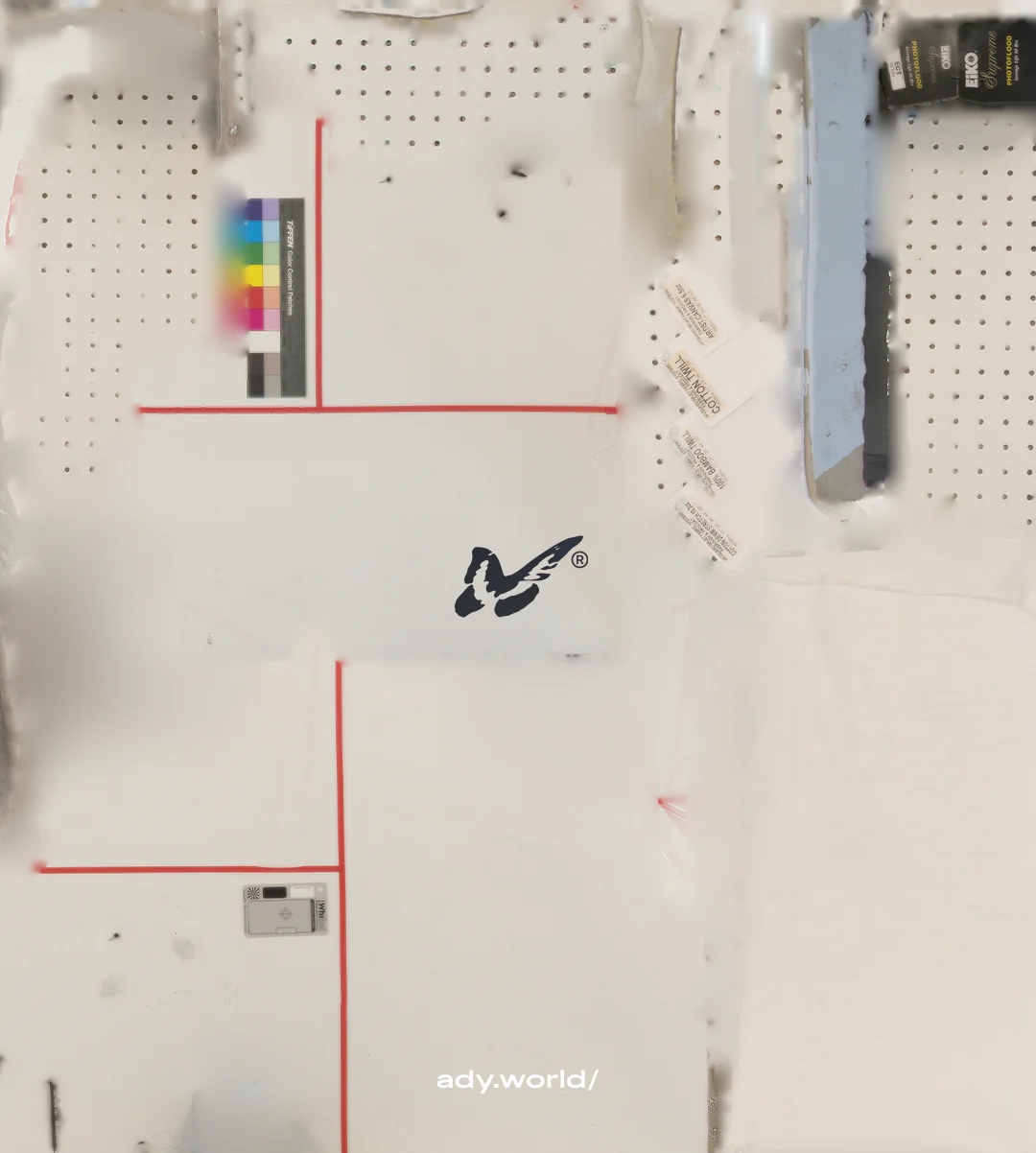 Atelier tabletop flat lay with stationery and tools